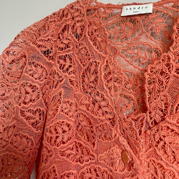 Sandro Lace Summer-Cocktail Coral Puff Sleeves Dress (French brand) - Picture 5 of 10